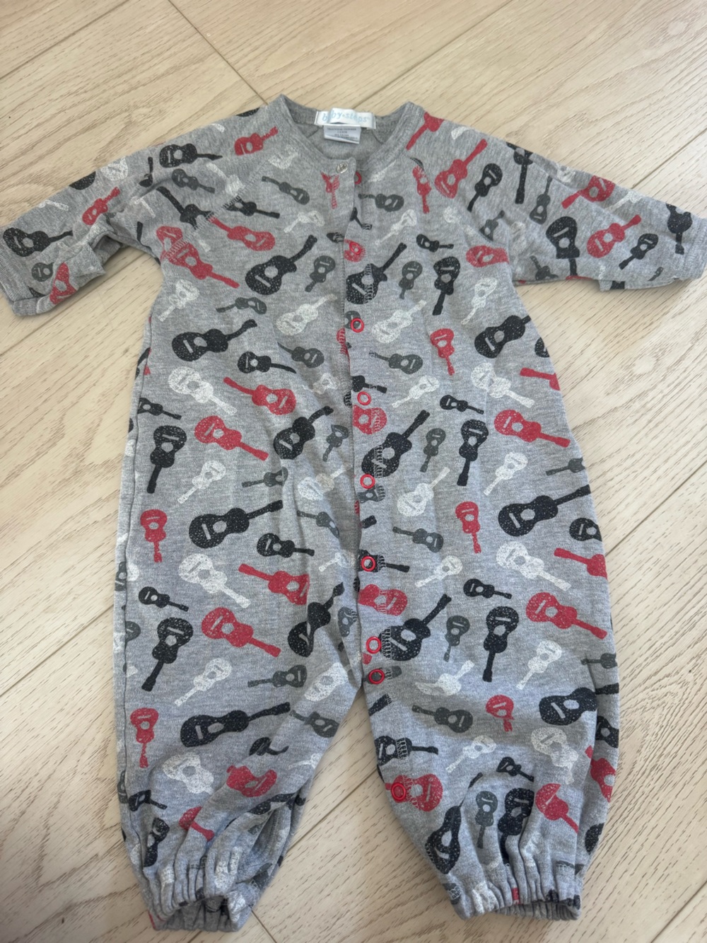 Baby Steps Grey Guitar-Print Footie with Red, Black, White Guitars